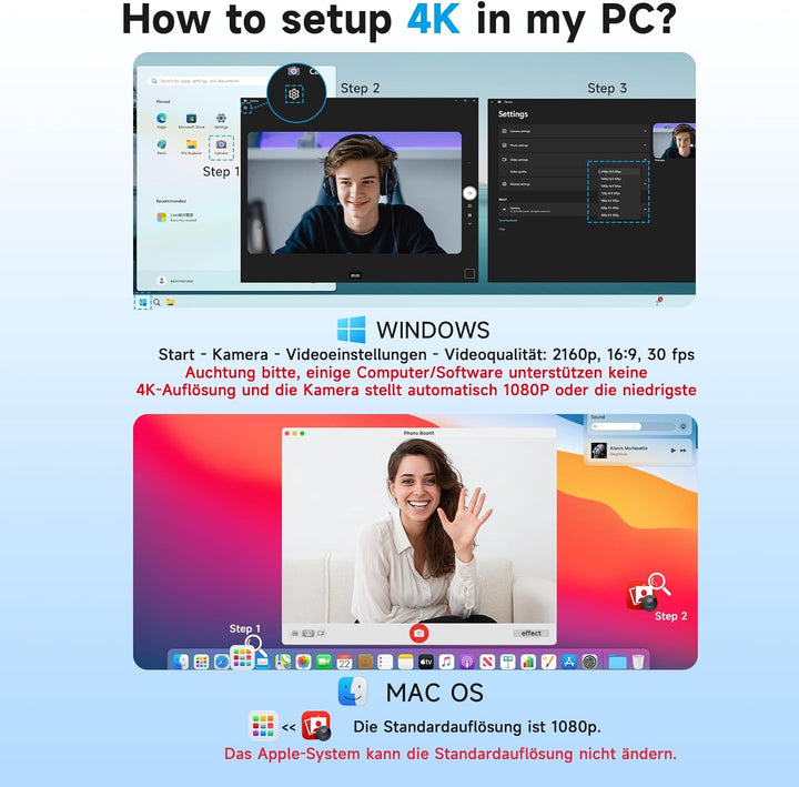 AOC Webcam 4K Ultra HD, Webcam mit Mikrofon & Objektivabdeckung, PC Kamera Plug & Play, 99° Ansicht,