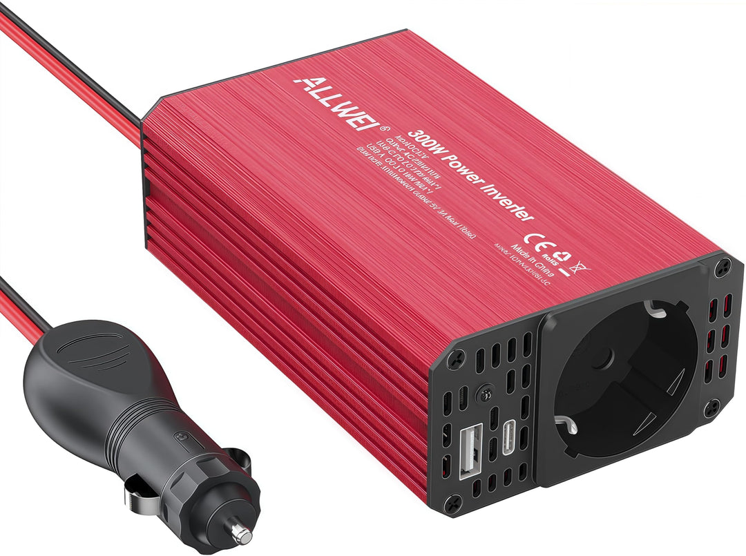 ALLWEI 300W Wechselrichter 12V auf 230V Spannungswandler, Stromwandler mit Typ-C & USB Anschluss, In