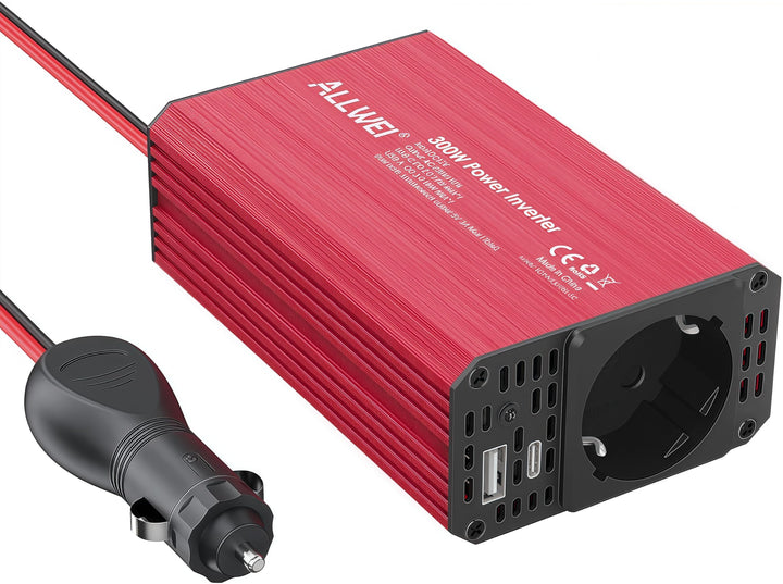 ALLWEI 300W Wechselrichter 12V auf 230V Spannungswandler, Stromwandler mit Typ-C & USB Anschluss, In