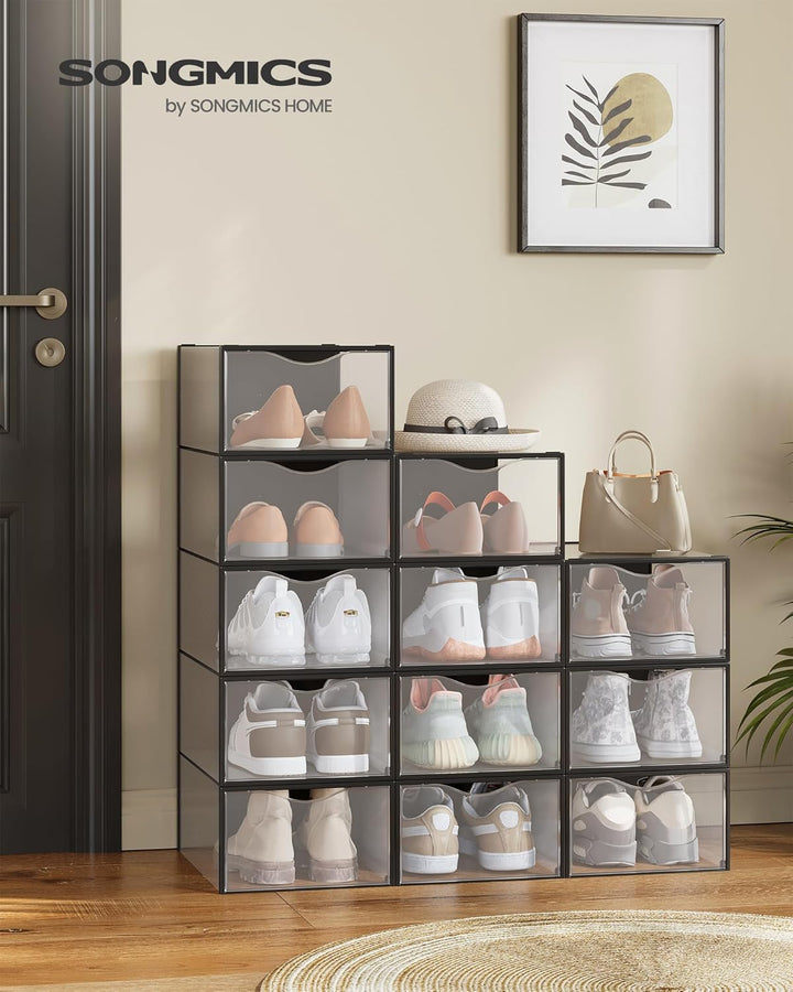 SONGMICS Schuhboxen, Schuh-Organizer aus Kunststoff, mit Tür, durchsichtig, 12er Set, stapelbar, ein
