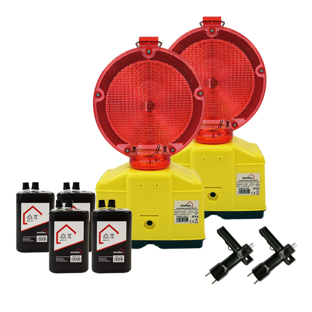 2 x siwitec LED Baustellenleuchte rot/transparent inkl. 4 x Blockbatterien Typ 4R25 6V 7Ah, LED Warn