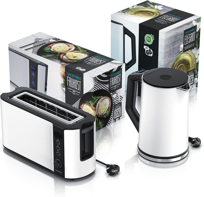 Arendo - Wasserkocher und Toaster im Set Edelstahl Weiss Matt Wasserkocher 1,5L 40° - 100°C Warmhalt