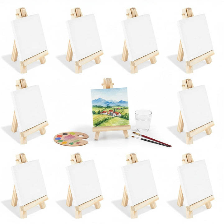12x Mini Staffelei Naturholz 7x12.5cm klappbar mit 8x8cm Leinwand-Set - Handbemaltes Kinder-Malkreat