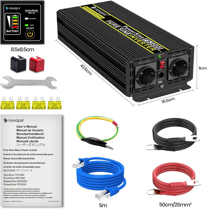 NOVOPAL 3000W KFZ Reiner Sinus Spannungswandler - Auto Wechselrichter 24V auf 230V Umwandler - Inver