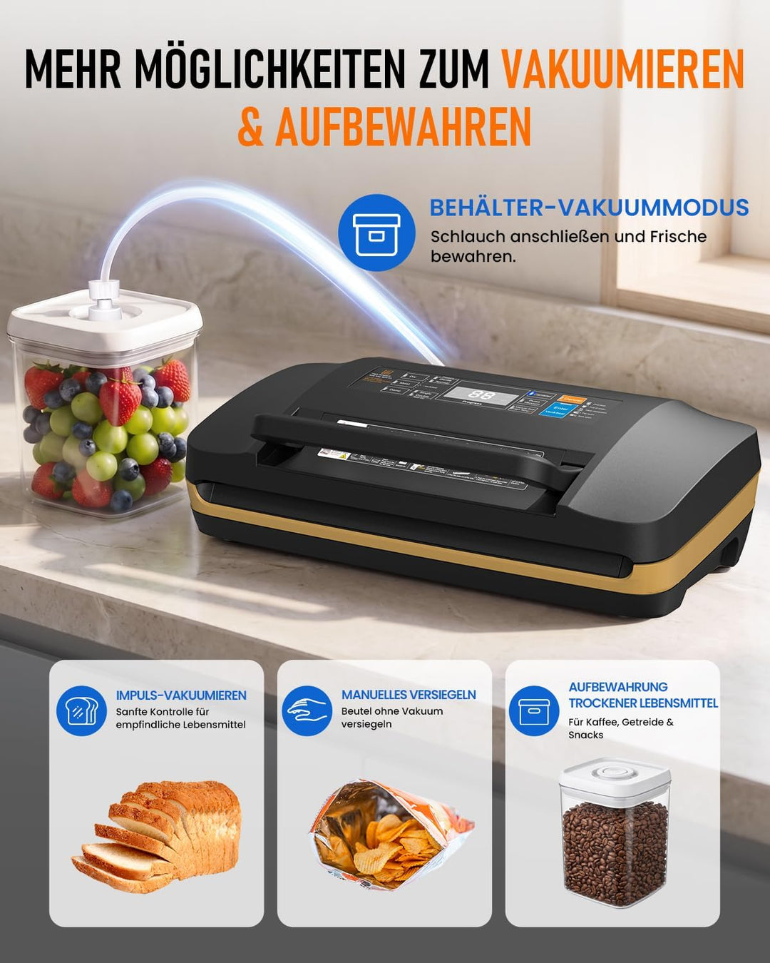 Vakuumiergerät für Lebensmittel, 95 kPa Profi Vakuumierer 18-in-1, doppelte Schweissnaht, Folienschw