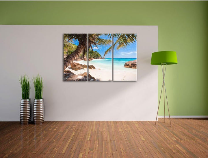 Pixxprint Palmenstrand Seychellen als Leinwandbild/Grösse: 3 Teilig (120x80 cm) cm/Wandbild/Kunstdru