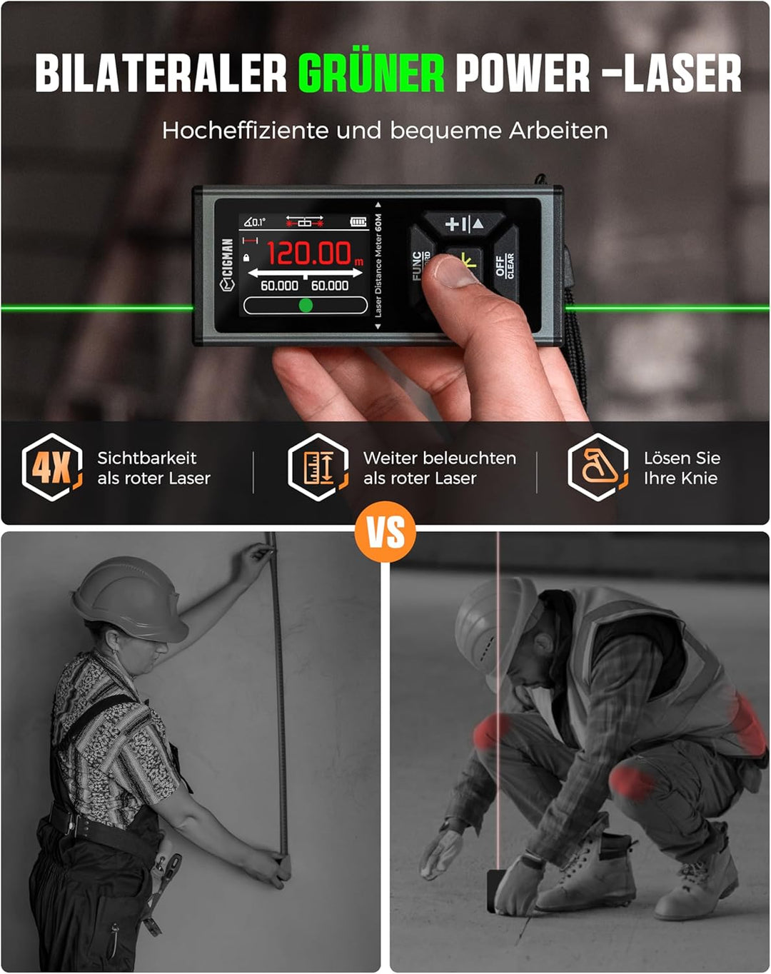 120m Bilaterale Laser Entfernungsmesser Grün, CIGMAN 390Ft Multifunktionales Lasermessgerät mit LCD-