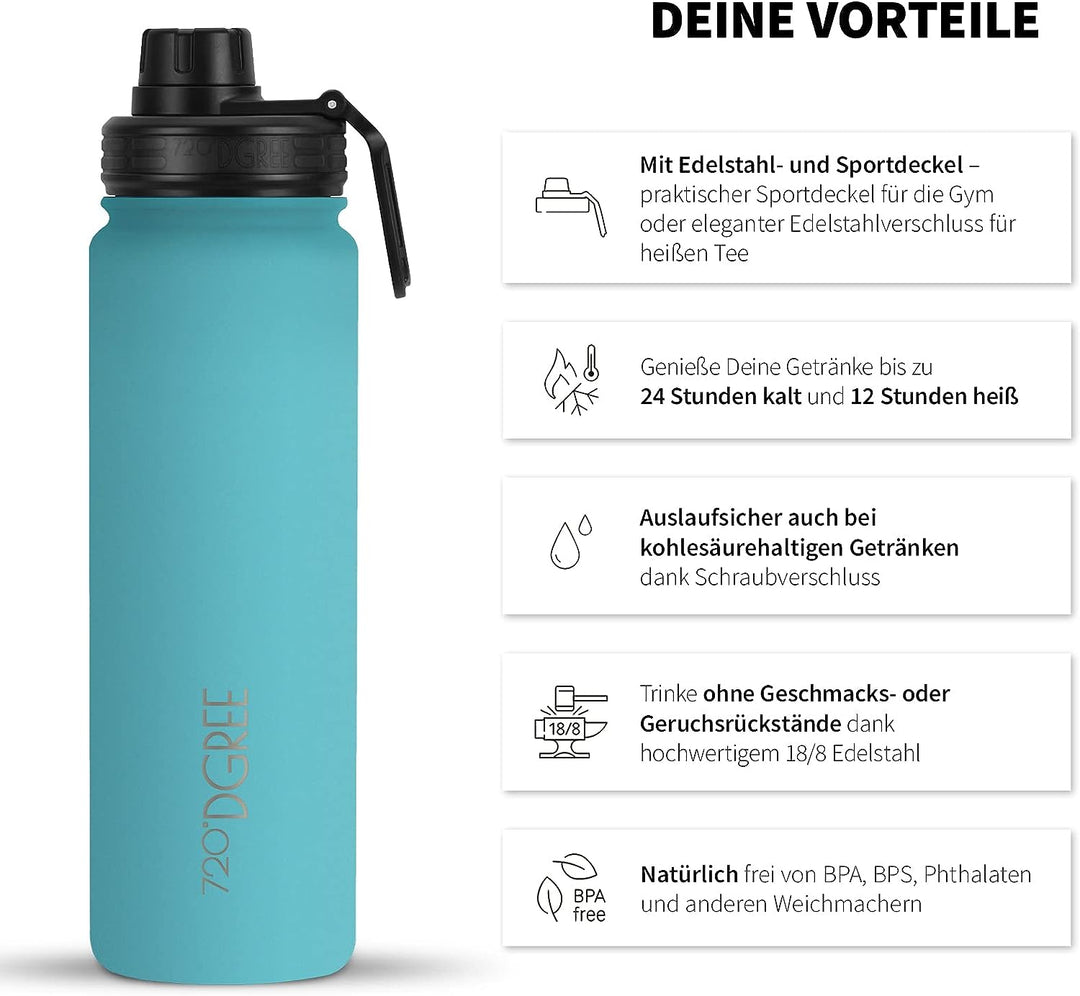 720°DGREE Edelstahl Trinkflasche “noLimit” – 1200ml - Auslaufsicher, Kohlensäure geeignet, BPA-Frei