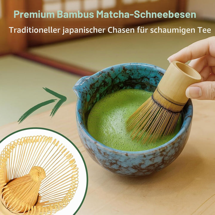 SURFOU Matcha Set 7 Stück, Matcha Schale mit Ausgiesser, Bambus-Schneebesen, Schaufel, Besenständer,