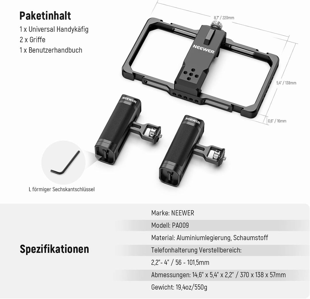 NEEWER Verbesserte Phone Käfig Cage Rig Vlogging Set, Videostabilisator mit doppeltem Griff drahtlos