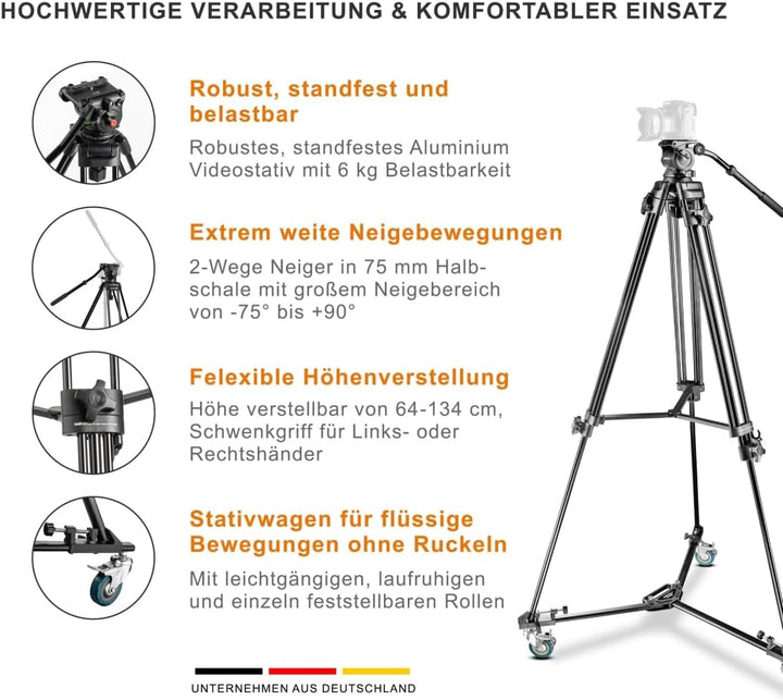 Walimex Pro EI-9901 Video-Pro-Stativ inkl. Stativwagen WT-600 (max. Höhe 138 cm, Videoneiger, Mittel