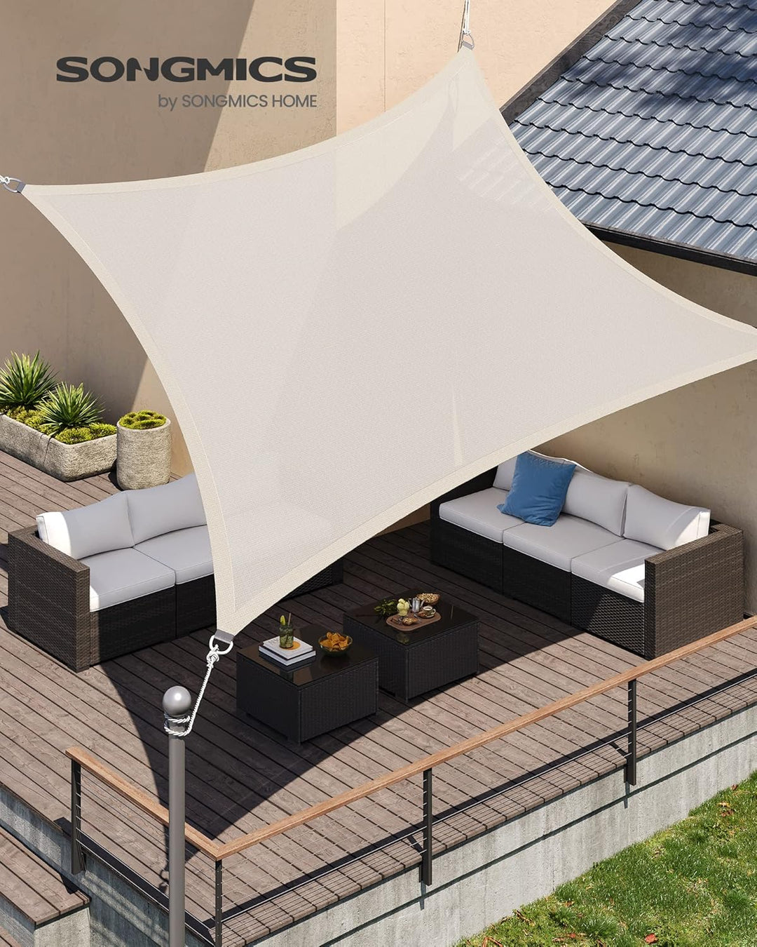 SONGMICS Sonnensegel 2 x 3 m, Sonnenschutz aus HDPE-Gewebe, luftdurchlässig, wasserdurchlässig, für