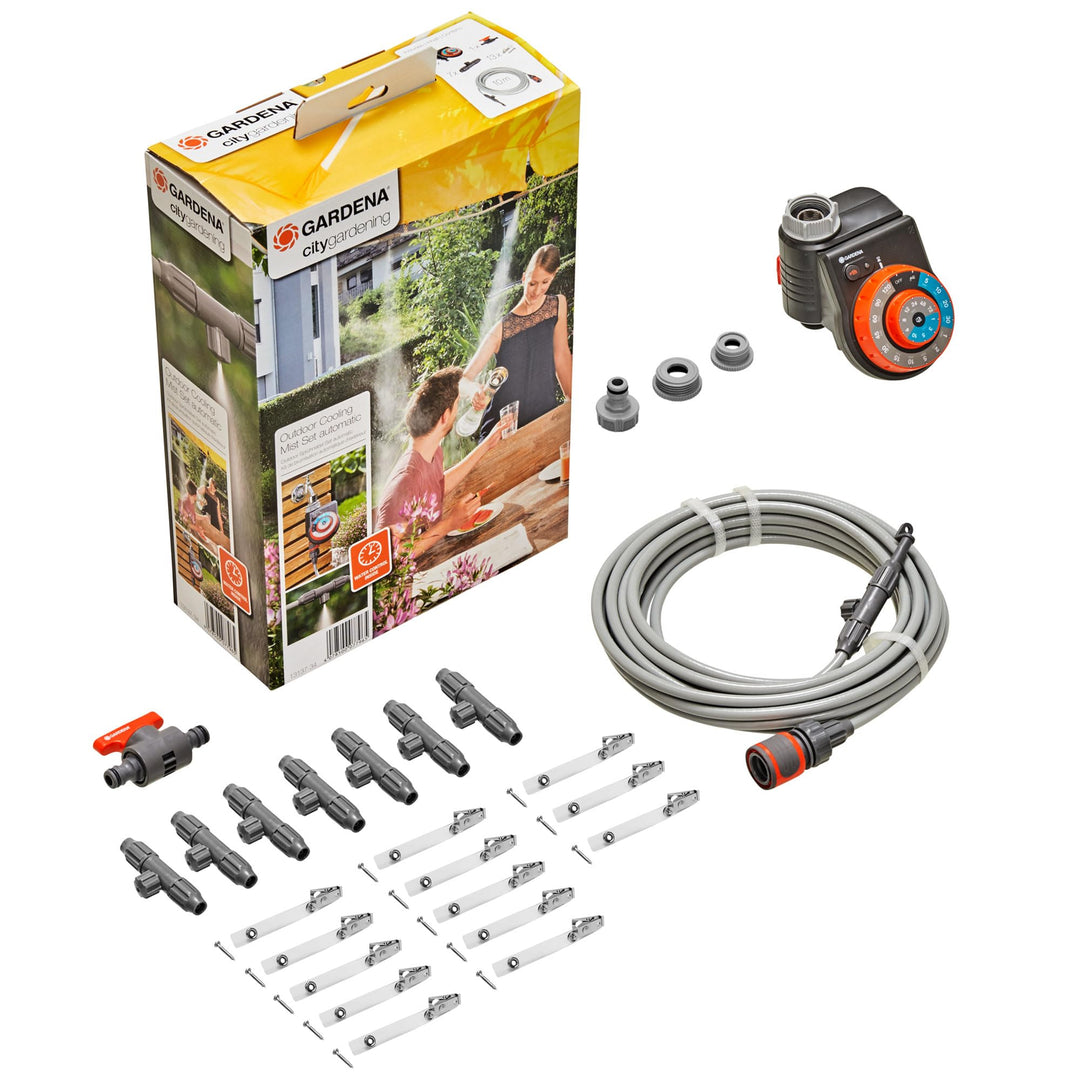 Gardena city gardening Outdoor Sprühnebel Set automatic: Automatischer Luftkühler mit Bewässerungsst
