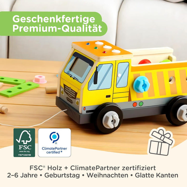 Nene Toys Montessori Busy Board LKW – FSC® Holz Werkzeugkoffer &amp; Schraubbrett mit 3 LED-Schaltern, S