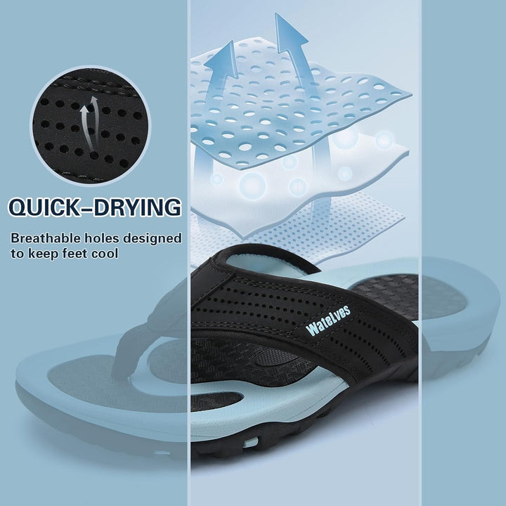 WateLves Herren Flip Flops Zehentrenner Leder mit Arch Support Sandalen Weich Leder Stoff Badelatsch