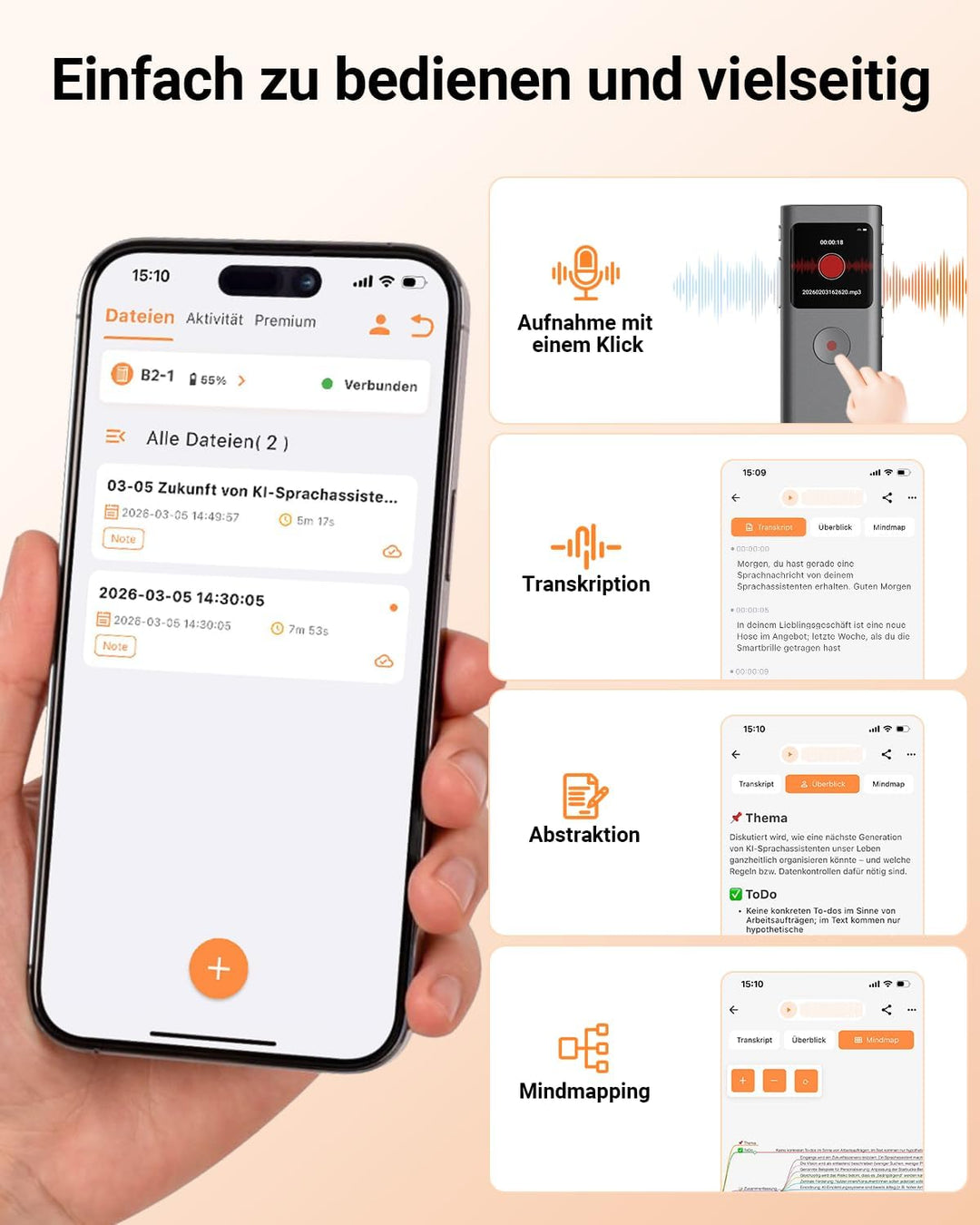 KI Digitales Diktiergerät, Transkribieren und Zusammenfassen, Sprachaktivierte Aufnahme mit Playback