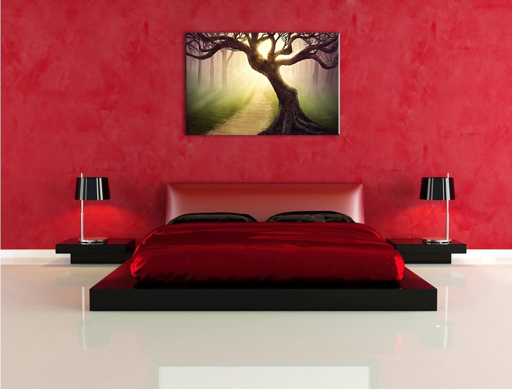 Riesiger Baum am Waldweg, Format: 100x70 auf Leinwand, XXL riesige Bilder fertig gerahmt mit Keilrah