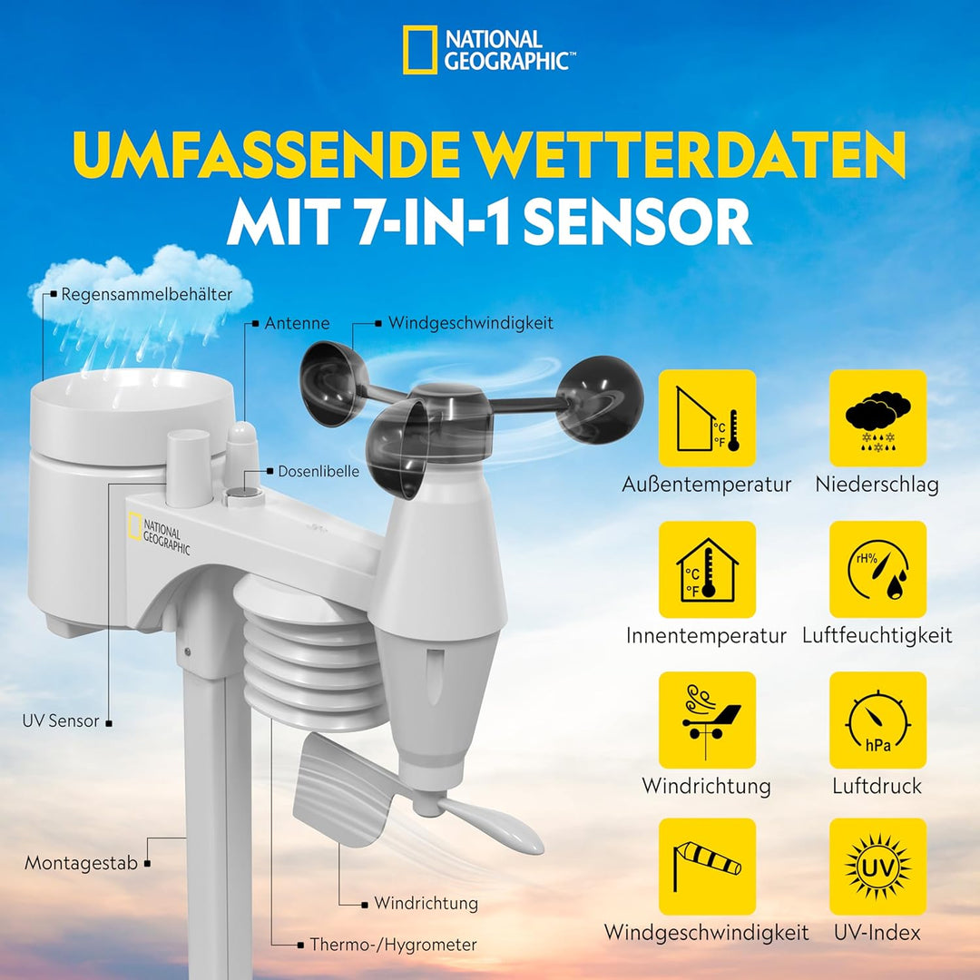 National Geographic Wetterstation Funk mit Aussensensor WLAN Farbwettercenter mit 7-in-1 Profi-Senso