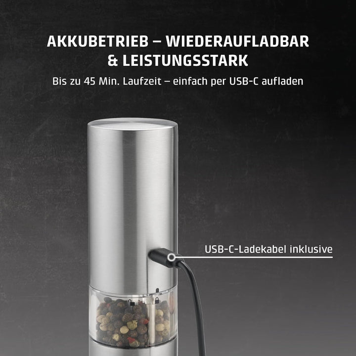 CASO SpiceDuo Elektrische Salz- & Pfeffermühle Set – Edelstahl Gewürzmühlen mit Keramikmahlwerk, stu
