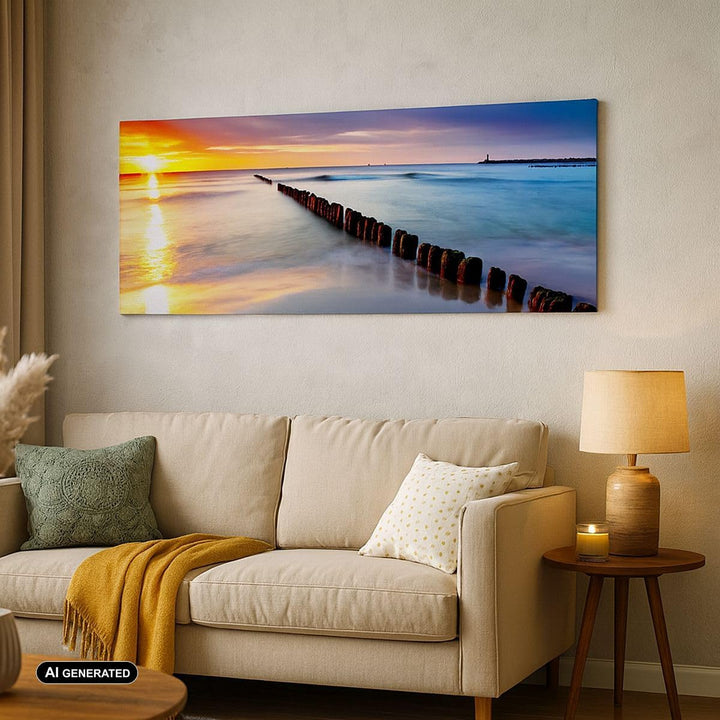 Wandbilder Dekoration Wohnzimmer Meer Küste Strand Sonnenaufgang Panorama Bilder auf Leinwand 120x50