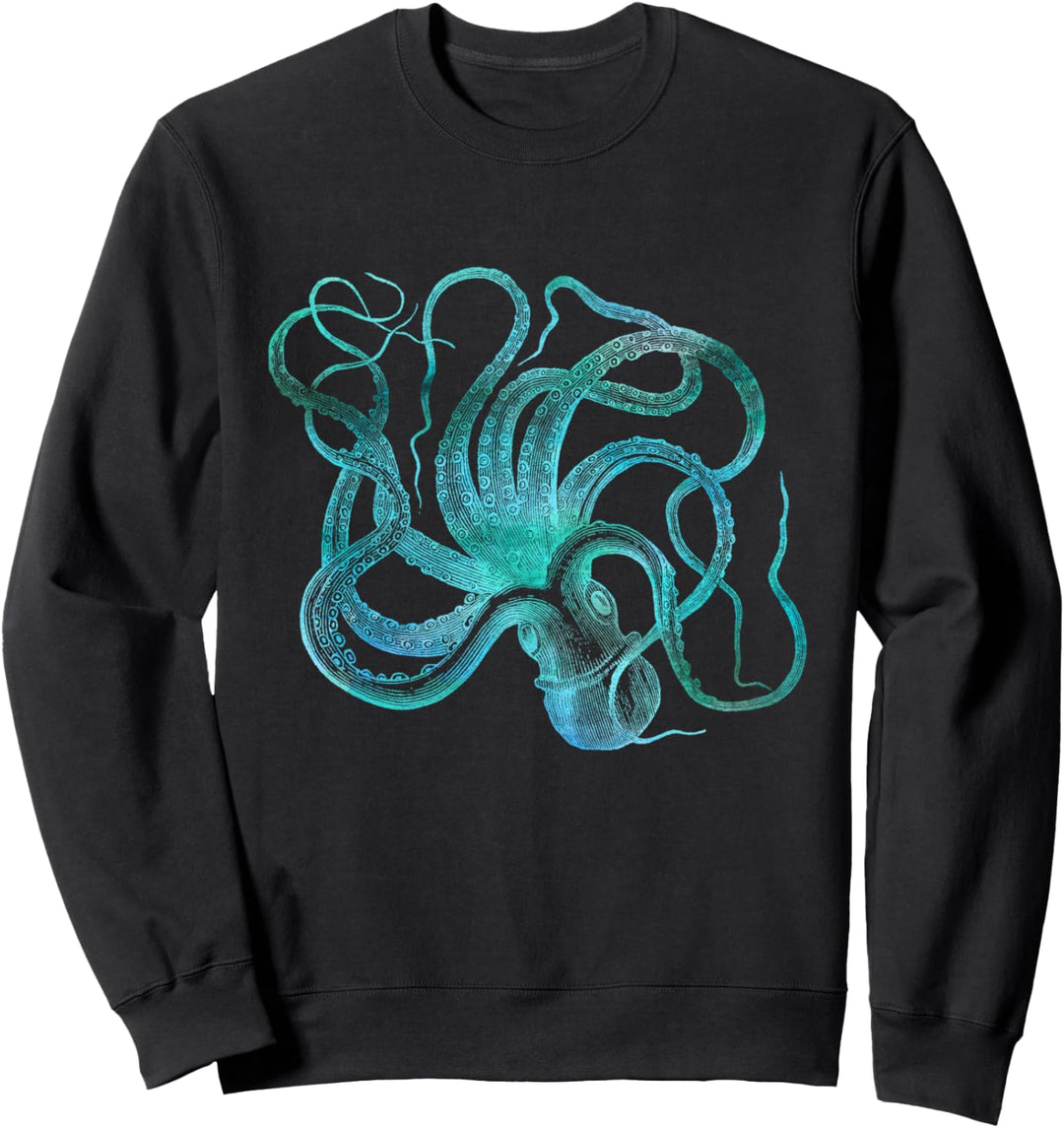 Octopus Squid Blue Vintage Illustration Distressed Steampunk Sweatshirt
