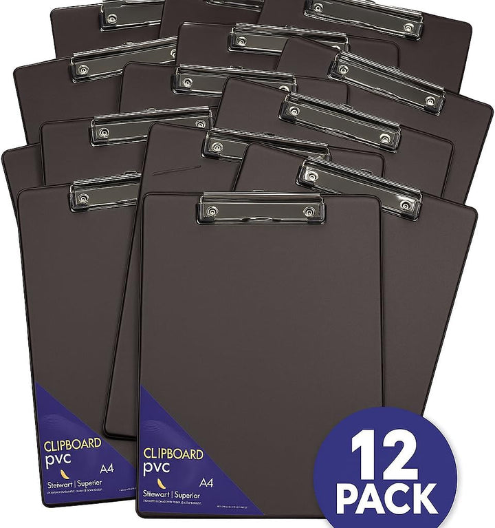 SECO Stewart Superior A4+ PVC beschichtetes Klemmbrett mit Hochleistungsklammer - Schwarz (12er Pack