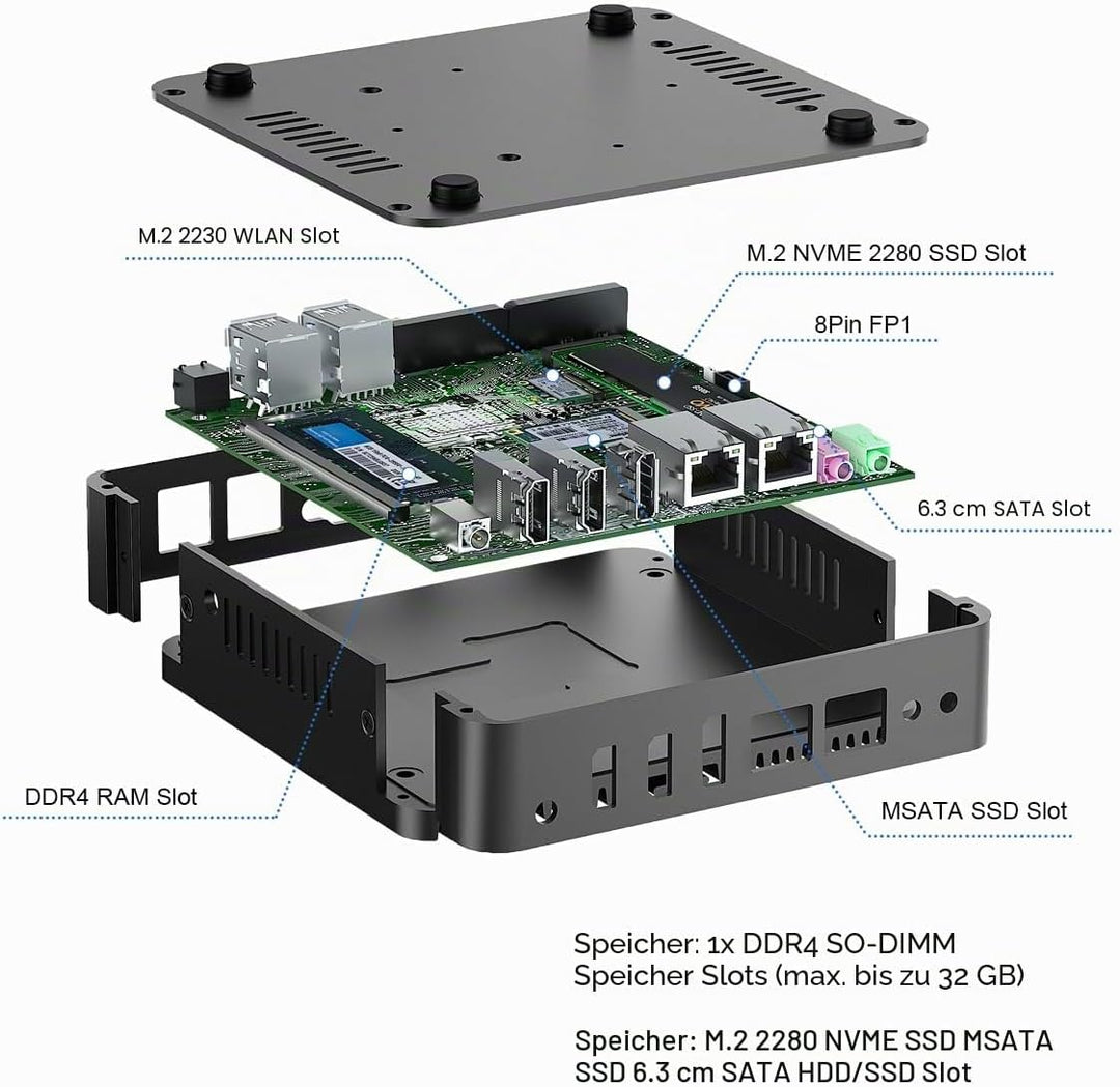 Lüfterloser Mini PC N100, Fanless PC Win 11 Pro, Alder Lake, 4K Dual HD, DP, 2xCOM, USB3.0, RJ45 Lan
