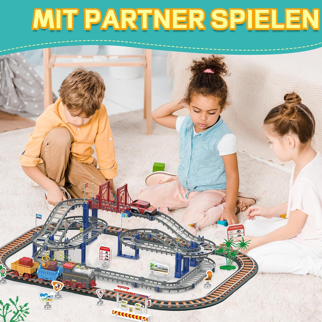Kinder Eisenbahnschiene Zug Spielzeug Set, Autorennbahn Spielzeug mit Zug&Autobahnautos, für Kinder