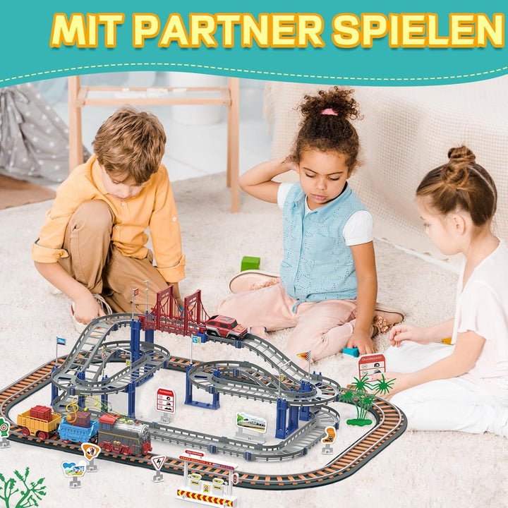 Kinder Eisenbahnschiene Zug Spielzeug Set, Autorennbahn Spielzeug mit Zug&Autobahnautos, für Kinder