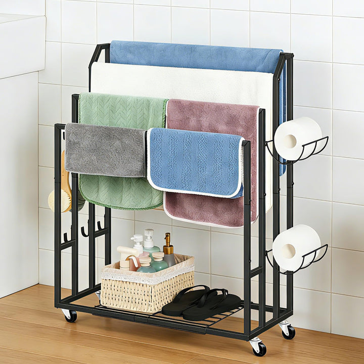 Freistehender Handtuchhalter Ständer Schwarz Handtuch Trocknen und Display Rack mit Rollen, Indoor O