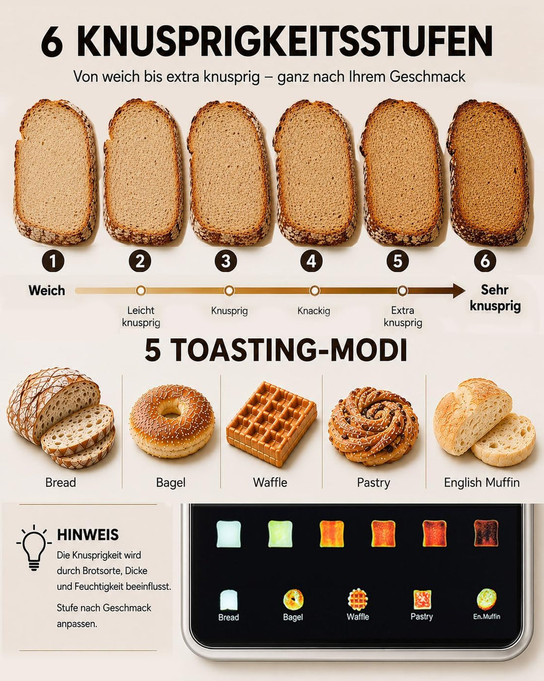4 Scheiben Langschlitz Toaster Edelstahl, Smart Touchscreen mit LED-Countdown, Memory-Funktion, 6 Br