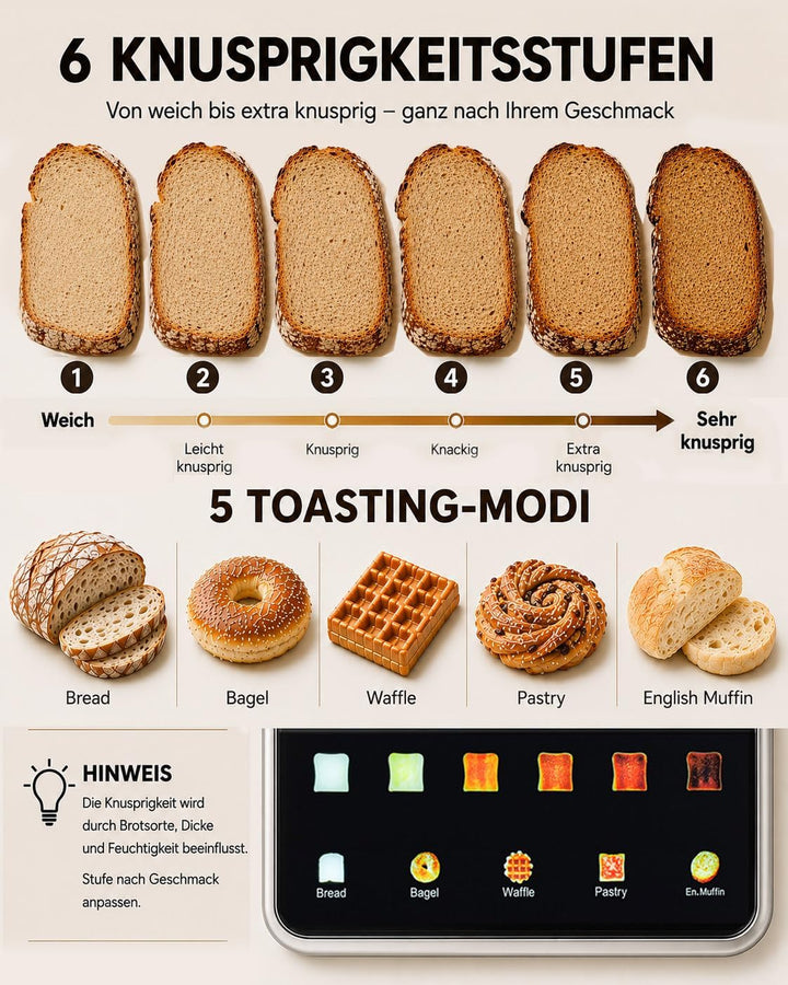 4 Scheiben Langschlitz Toaster Edelstahl, Smart Touchscreen mit LED-Countdown, Memory-Funktion, 6 Br