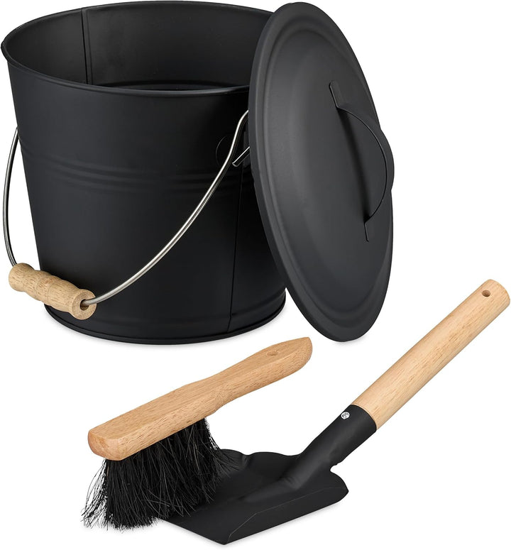 Relaxdays Ascheeimer mit Deckel und Kehrset, 4,5 L, inkl. Aschebesen & Kaminschaufel, Aschebehälter