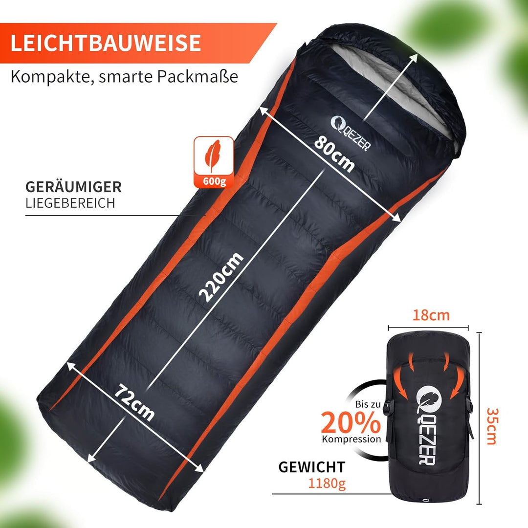 Daunenschlafsack,schlafsack kleines packmass , 600FP+ Premium-Daunen, 12°C bis -24°C, leicht und war