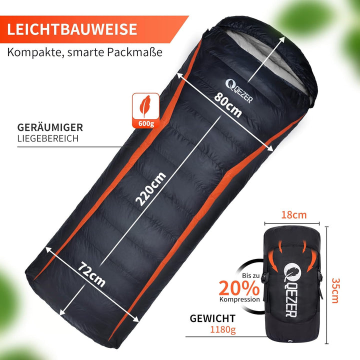 Daunenschlafsack,schlafsack kleines packmass , 600FP+ Premium-Daunen, 12°C bis -24°C, leicht und war