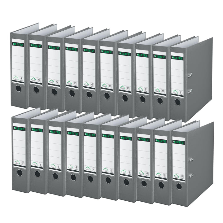 Leitz Qualitäts-Ordner 180° Plastik, 20er Pack, A4, Grau, 8,2 cm Rückenbreite, PP-laminierter Einban