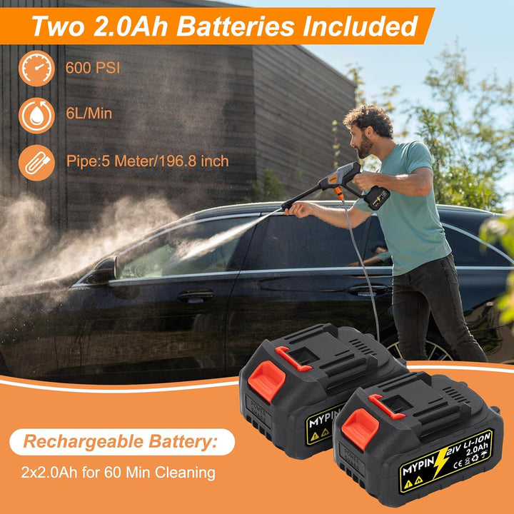 MYPIN Tragbarer Kabelloser Hochdruckreiniger, 600 PSI 21V Akku-Hochdruckreiniger, 6-in-1-Düse mit 2