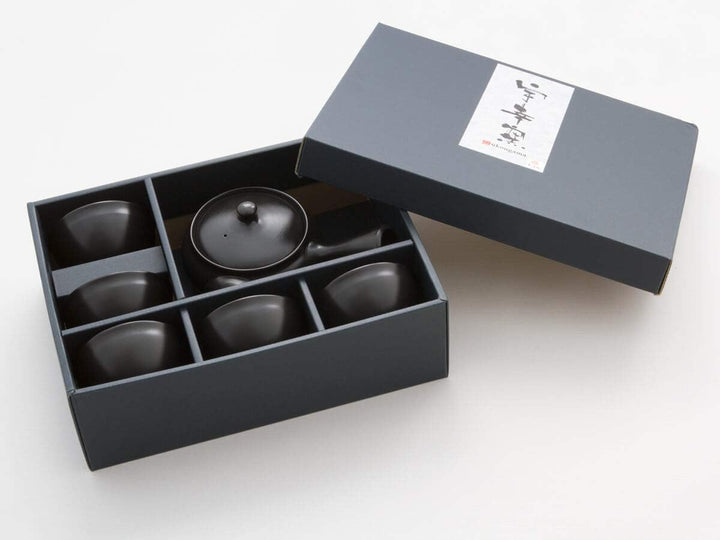 Original japanische Teekanne, Kyusu, mit 5 Becher: Kuro Hiramaru. Integriertes Tee-Sieb aus Edelstah