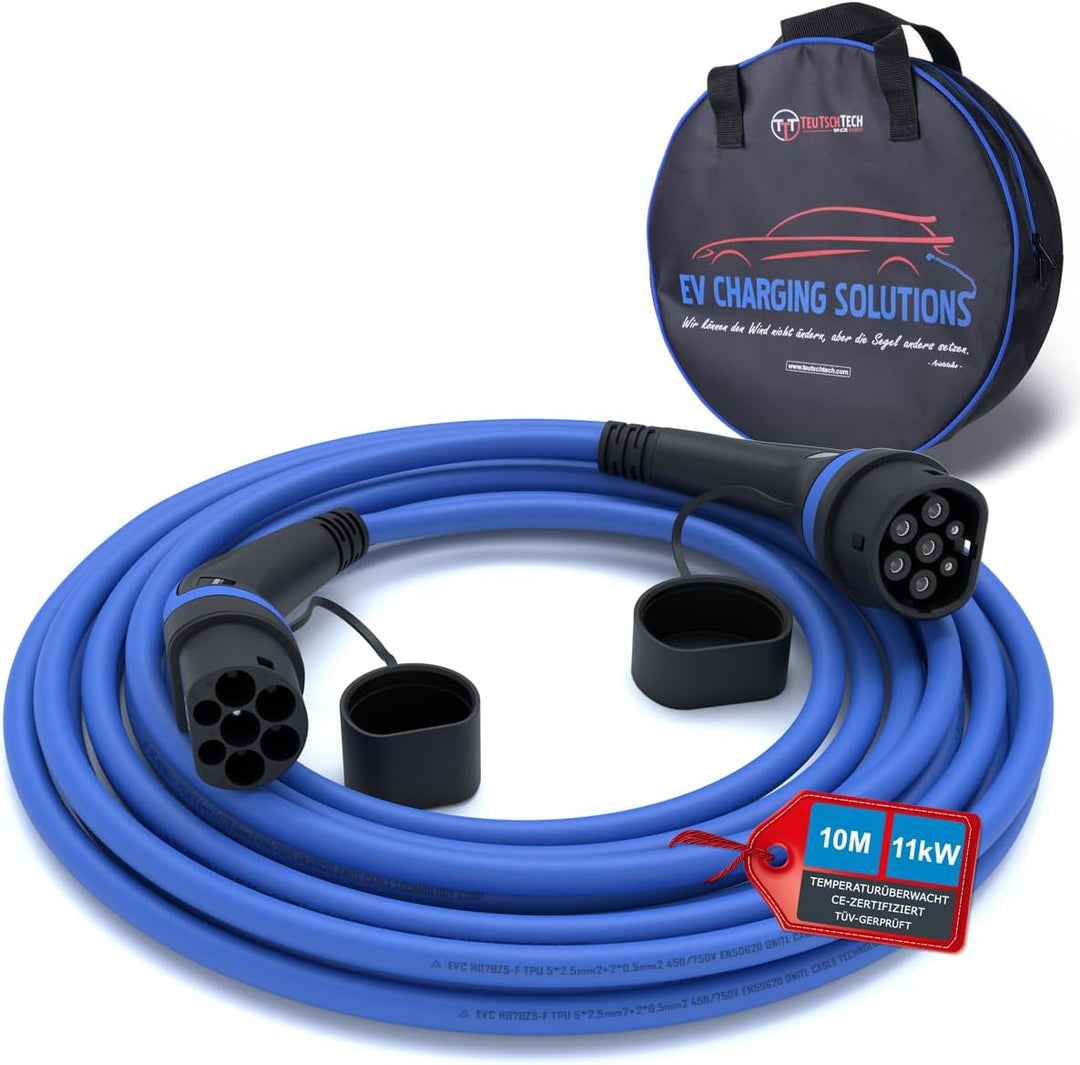 TEUTSCHTECH Typ 2 Ladekabel für Elektroauto | 10 m | Typ 2 auf Typ 2 | 11kW | 3x16A | 3-phasig | Mod