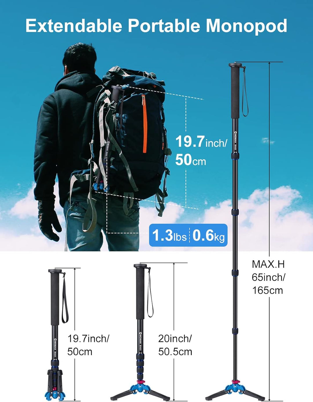 Einbeinstativ, Moman MA65 Kamera Stativ mit Füssen Aluminium Reisestativ DSLR Monopod Kompakter Trag