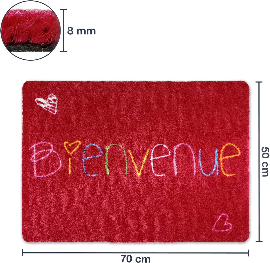 deco-mat Fussmatte Bienvenue 50 x 70 cm Rot - rutschfeste, waschbare Fussmatte für Aussen und Innen