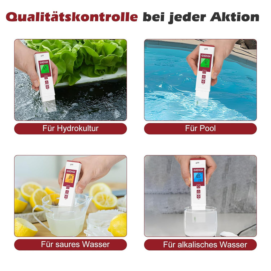 Digitales pH Messgerät für Wasser mit Farbdisplay, pH-Tester für Pools, Professioneller pH Level Tes