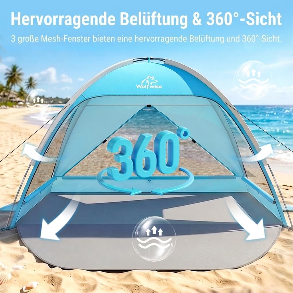 Wolfwise Strandmuschel UV Schutz, 3 Belüftungsfenster & Tragetasche, Strand Zelt mit erweiterbarem B