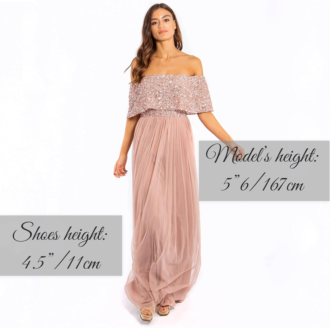 Maya Deluxe Abendkleid Damen Brautjungfernkleid Bardot Paillettenverzierung Abendkleid Elegant für H