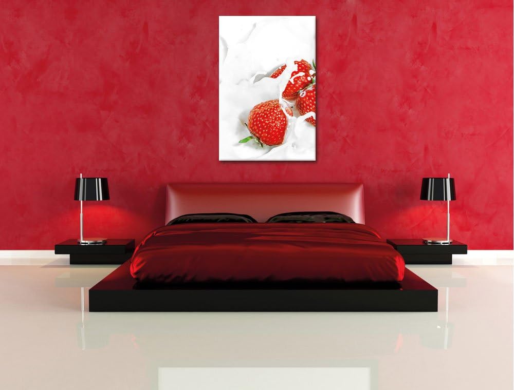 Pixxprint Erdbeeren Erdbeermilch als Leinwandbild/Grösse: 100x70 / Wandbild/Kunstdruck/fertig bespan