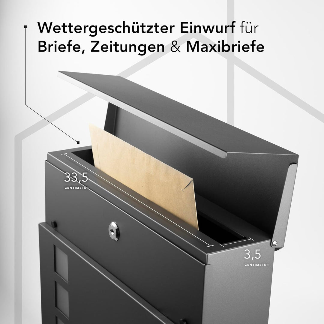 NewHabitat I Moderner Briefkasten Anthrazit mit Zeitungsfach - Wandbriefkasten mit Sichtfenster - Ro