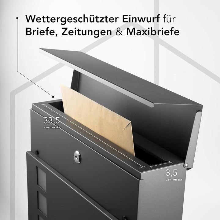 NewHabitat I Moderner Briefkasten Anthrazit mit Zeitungsfach - Wandbriefkasten mit Sichtfenster - Ro