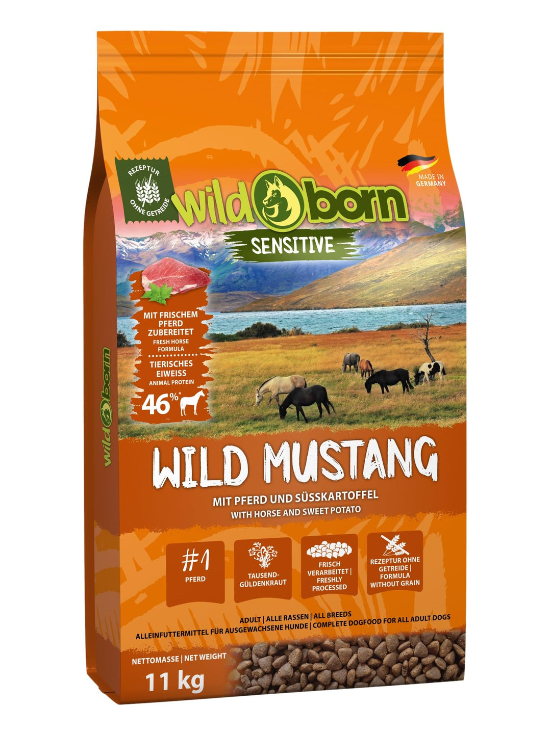 Wildborn Wild Mustang 1 x 11 kg getreidefreies Hundefutter mit Pferdefleisch, Süsskartoffel & Aronia