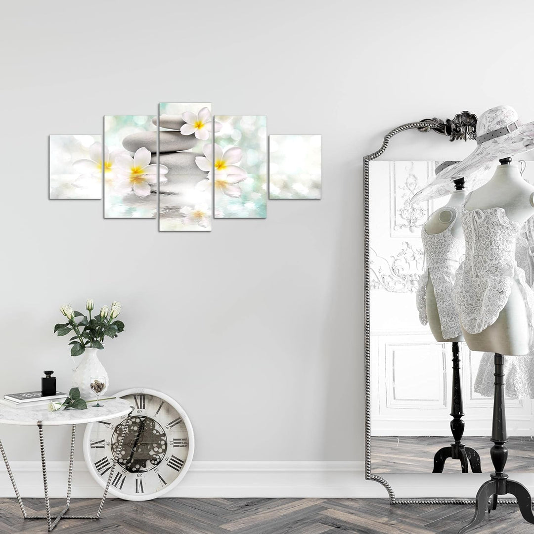 Runa Art Wandbilder Blumen Feng Shui 5 Teilig Bild auf Vlies Leinwand Deko Wohnzimmer Zen Weiss Blau