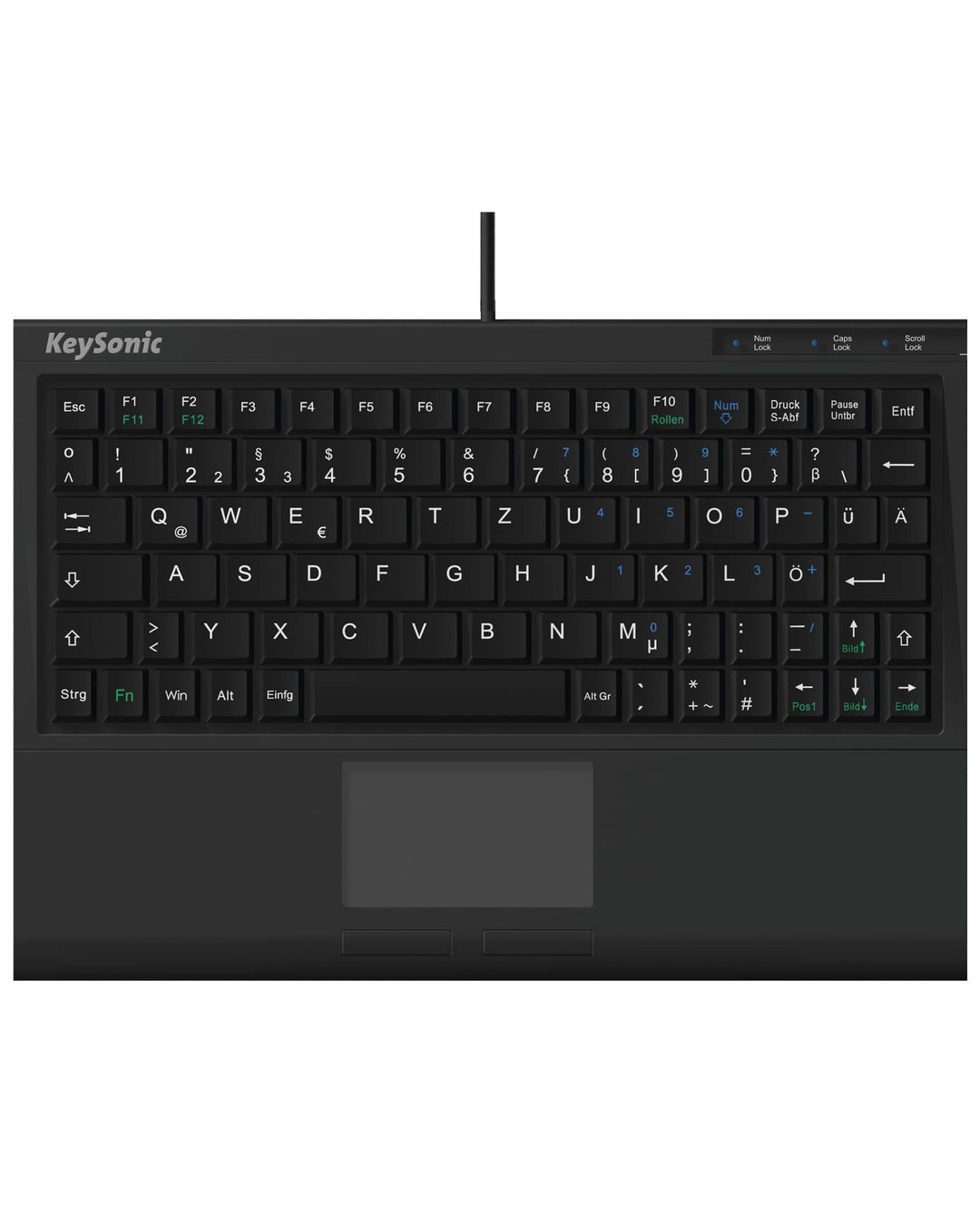 KeySonic Extra Mini Tastatur mit Touchpad, USB Kabel (2 m), voller Tastenumfang, SoftSkin, Schwarz S